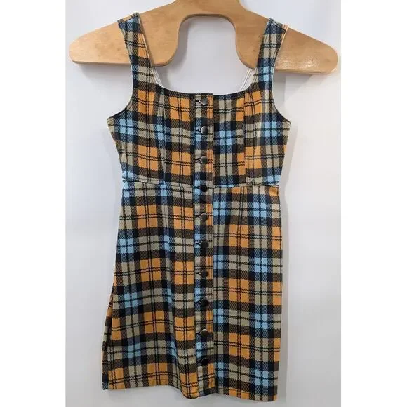 Urban Outfitters size Yellow Plaid Button Up‎ Sleeveless Jumper Dress NWT